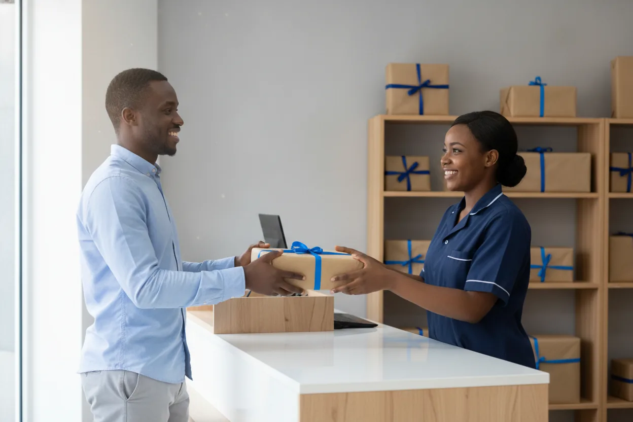 Opérateur d'un point relais remettant un colis à un client